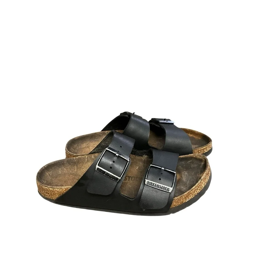 Birkenstock Arizona Black Leather Silver Buckle Comfort Slide Sandals  8-8.5 /39